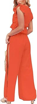 FANCYINN Womens 2 Pieces Outfits Deep V Neck Crop Top Side Slit Drawstring Wide Leg Pants Set Jum... | Amazon (US)