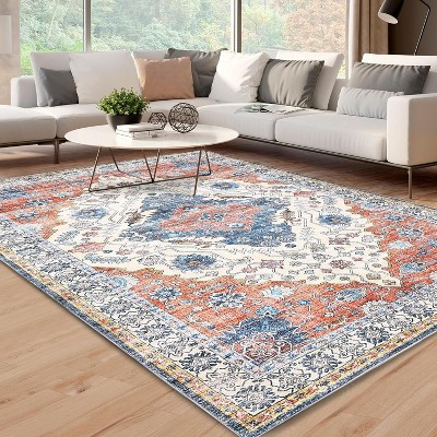 9x12 Vintage Boho Rug – Washable, Non-Slip, Durable, Low Pile, Perfect for Living Room, Office, Dining, Kids Room, Farmhouse (Orange/Brown) | Target