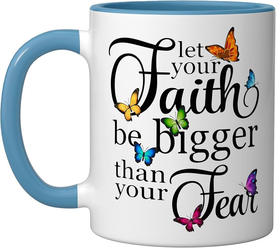 Let Your Faith Be Bigger Than Fear - Butterfly Art Religious Ceramic Mug, Blue/White | Amazon (US)