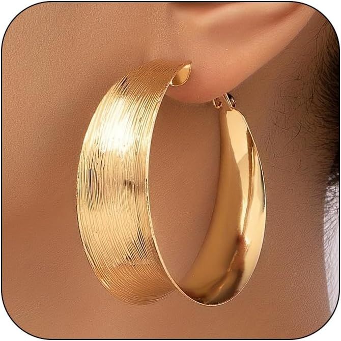 Gold Hoop Earrings for Women Wide Silver Hoop Earrings 14k Gold Plated Large Big Flat Huggie Hoop... | Amazon (US)