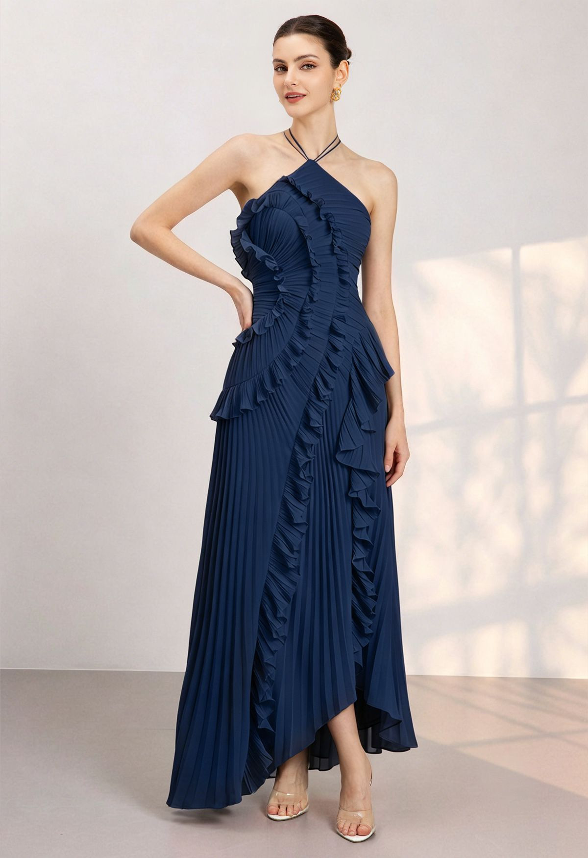 Asymmetrical Ruffle Halter Tie-Neck Pleated Maxi Dress in Navy for Anniversary Dinner & Art Openi... | Chicwish