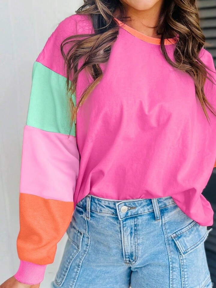 Boho Retro Vintage 90's Vibe Rose Green Blue Cotton Drop Shoulder Color Block Sleeve Top Shirt Bl... | SHEIN