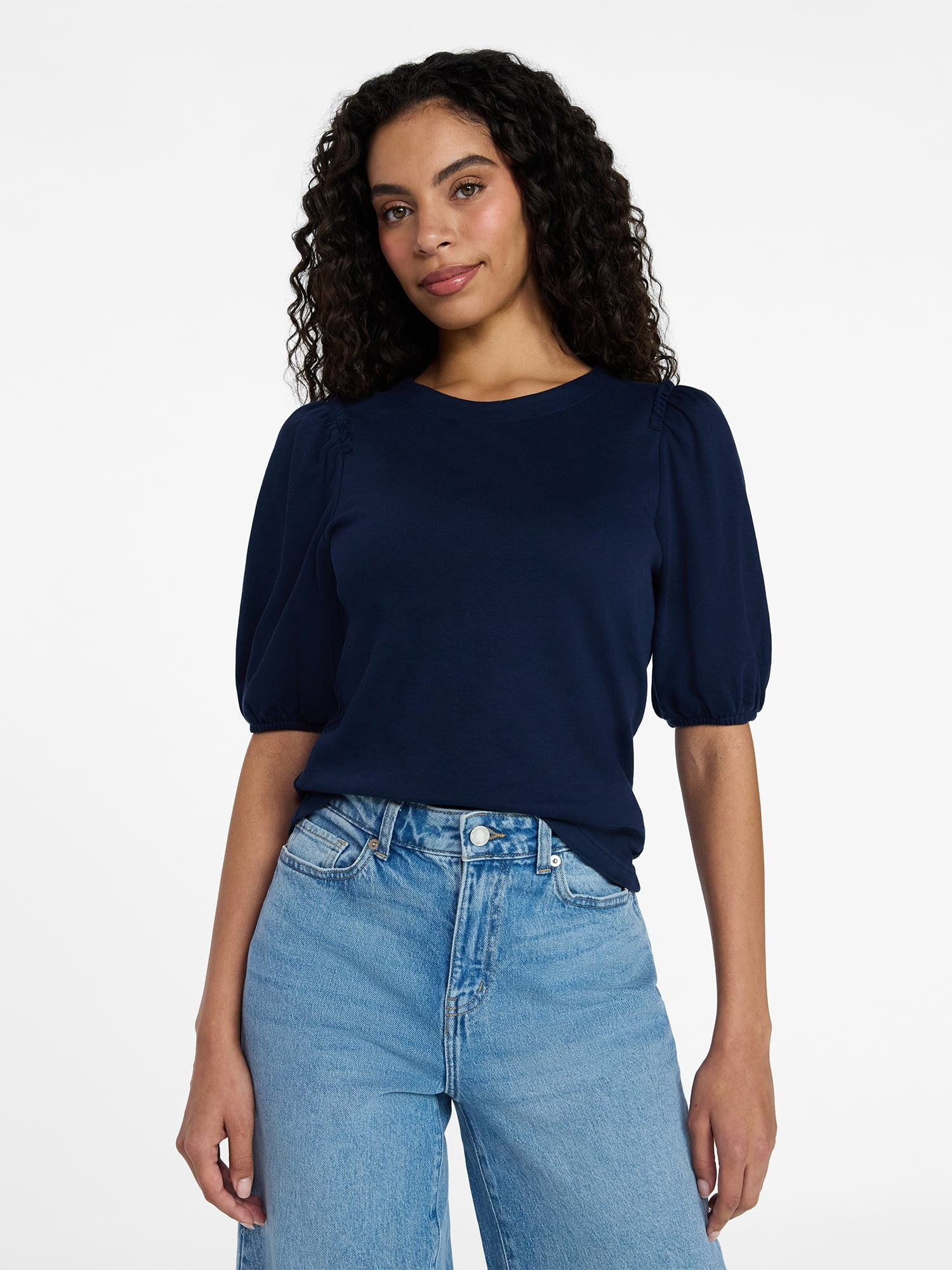 Time and Tru Women's Cotton Crewneck Tee with Puff Sleeves, Sizes XS-XXXL | Walmart (US)