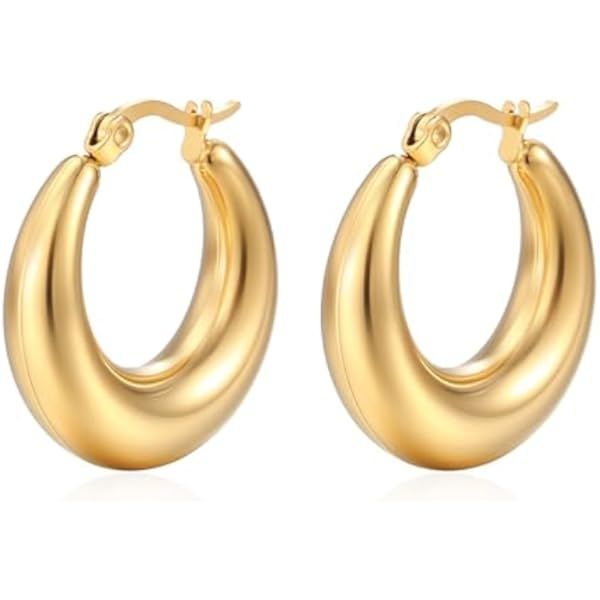 PAVOI 14K Gold Plated Sterling Silver Post Chunky Hoops | Thick Lightweight Gold Hoop Earrings for W | Amazon (US)