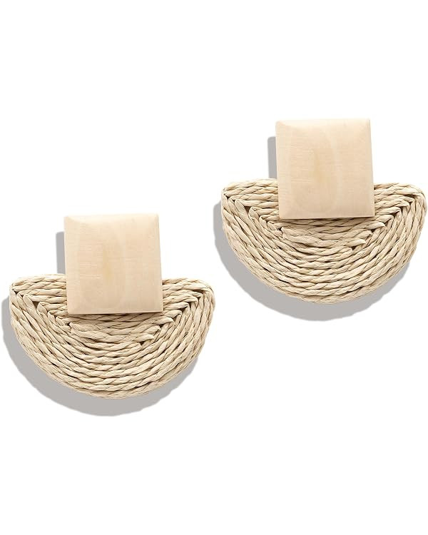 Boho Raffia Earrings for Women, Handmade Woven Straw Statement Dangle Earrings Lightweight Summer... | Amazon (US)