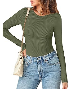 MEROKEETY Women's Long Sleeve Ribbed Bodysuits Crew Neck Slim Body Suits 2024 Knit Sweater Tops | Amazon (US)