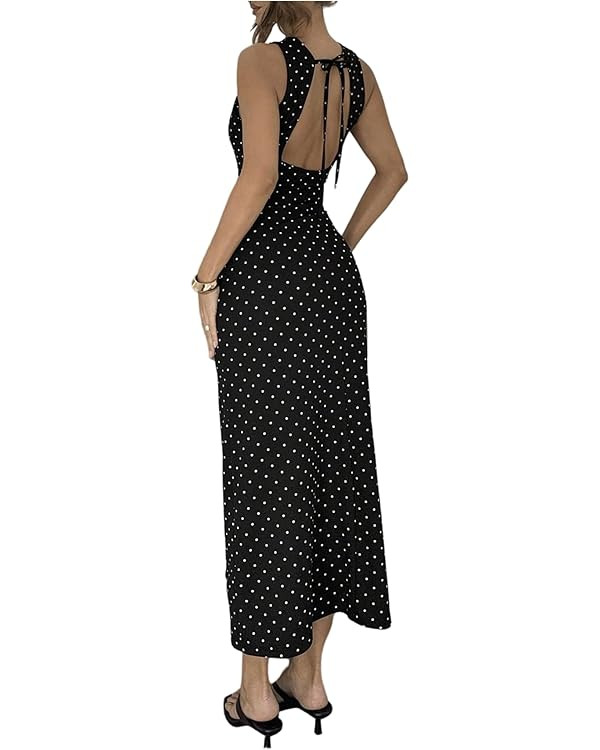 Verdusa Women's Polka Dots Tie Back Bodycon Dresses Backless Long Wedding Guest Dress | Amazon (US)