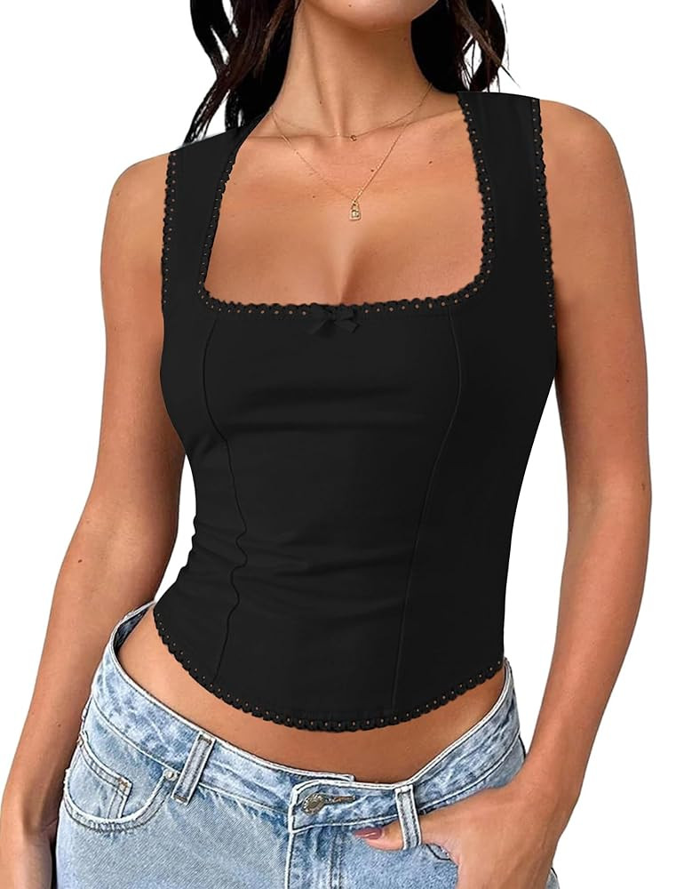 IWD Womens Square Neck Lace Tank Top Sleeveless Crop Tops Bow Cute Summer Shirts Going Out | Amazon (US)