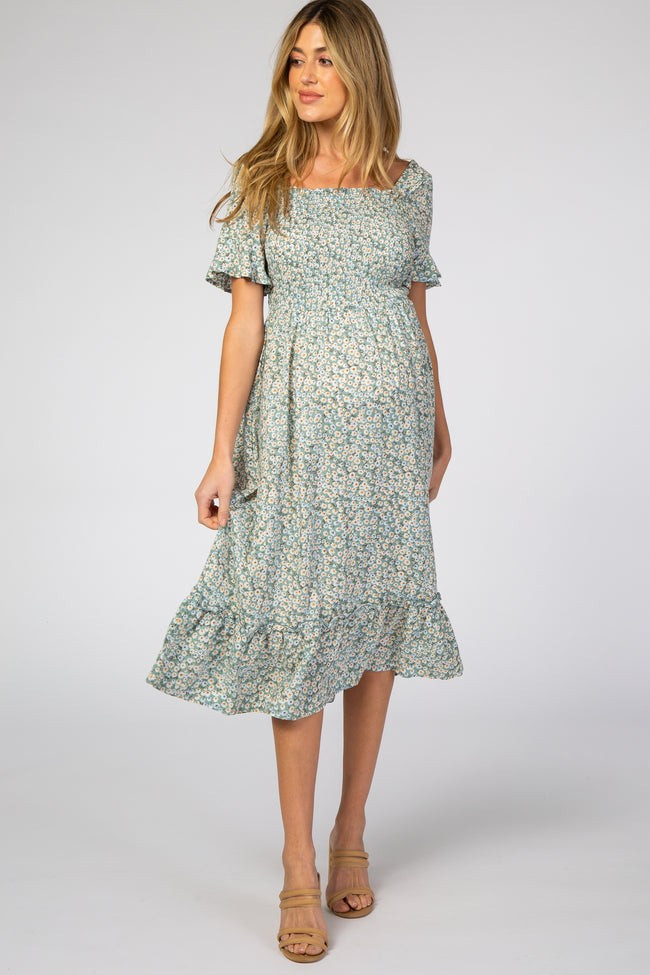 Light Blue Floral Ruffle Maternity Midi Dress | PinkBlush Maternity