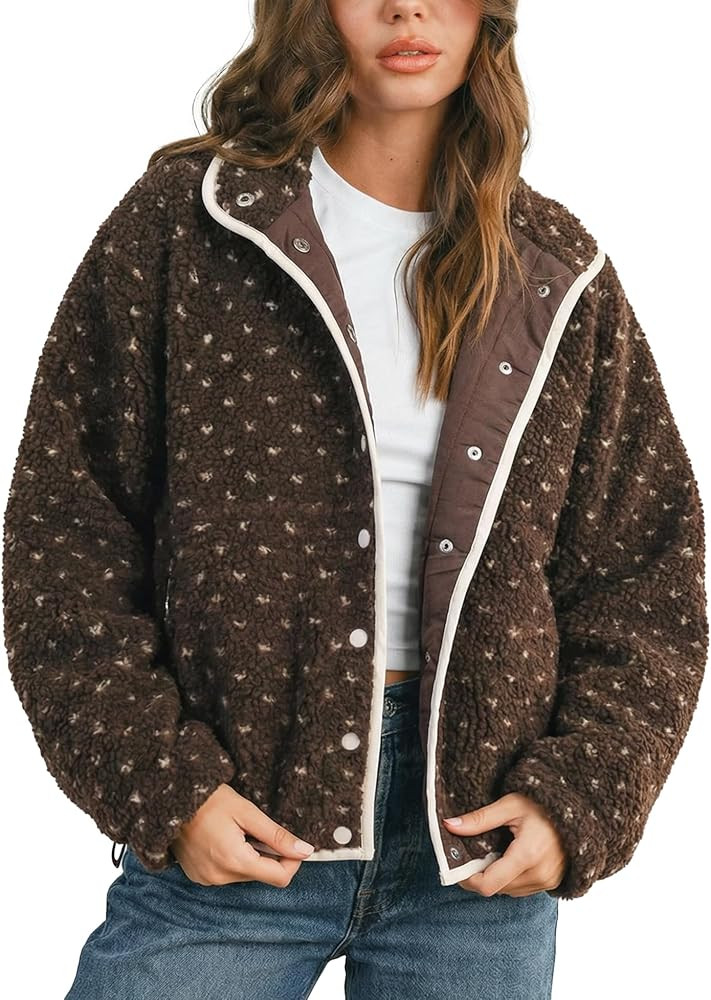 Slouchy Fleece Jacket Women Long Sleeve Button Down High Neck Polka Dot Puffer Jackets Sherpa Ove... | Amazon (US)