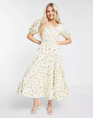 ASOS DESIGN cotton tiered maxi skater dress with cross back in ditsy floral print | ASOS (Global)