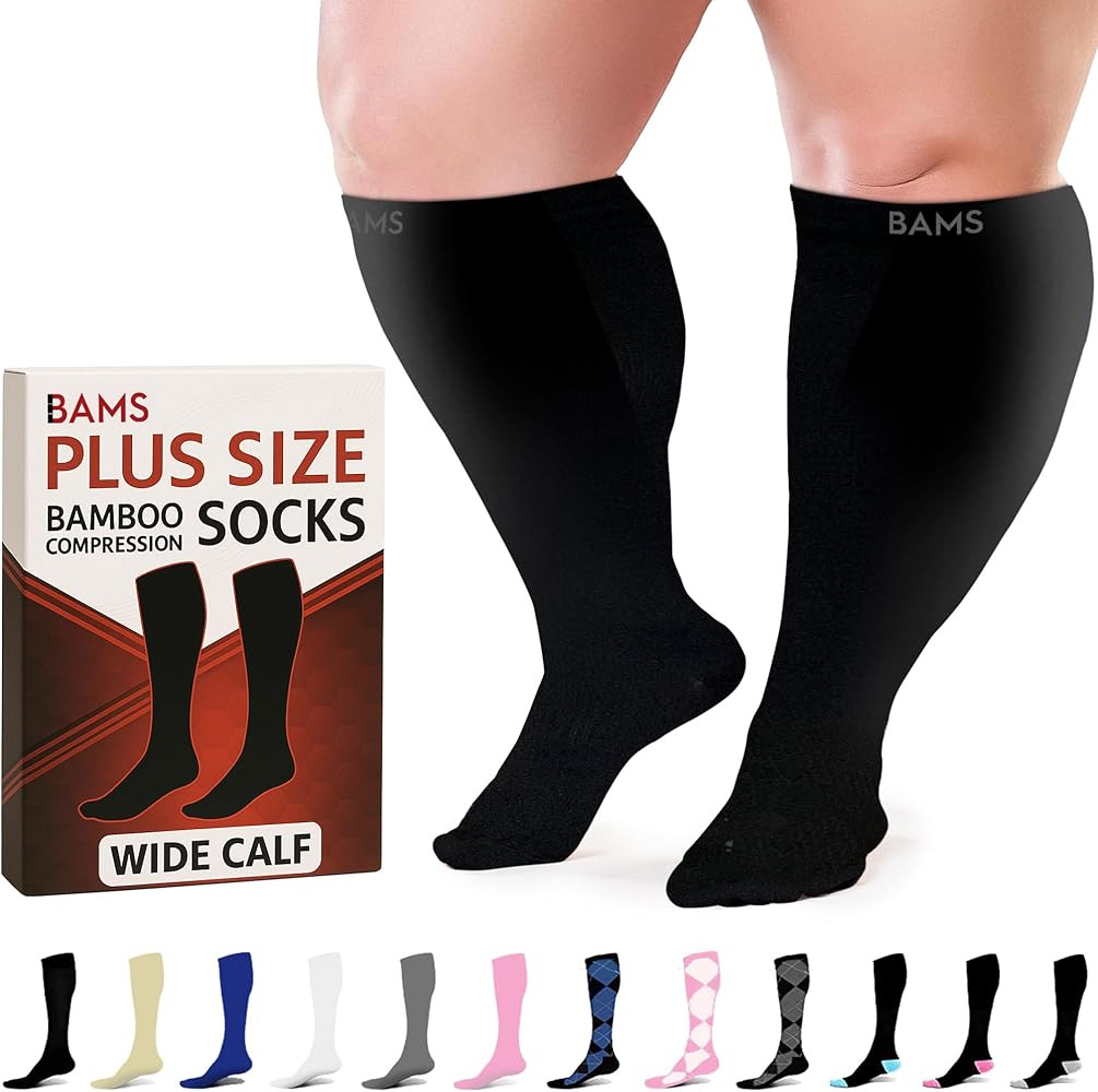 BAMS Plus Size Compression Socks Wide Calf XL XXL XXXL – Graduated Knee-High Support, Viscose f... | Amazon (US)