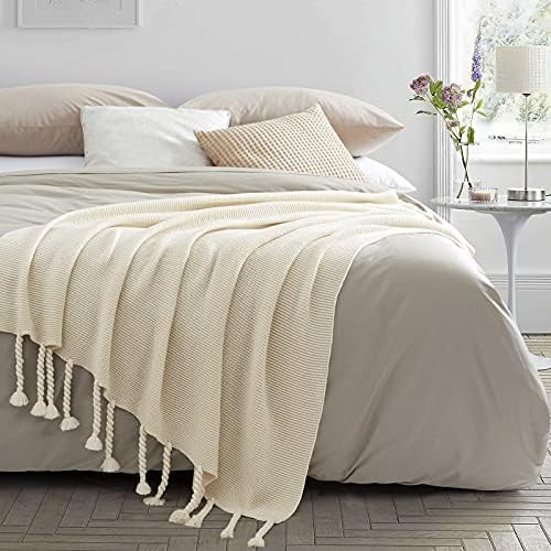 Aormenzy Cream Throw Blanket with Tassels, Knitted Throw Blanket for Couch Bed Sofa, 50" x 60" | Amazon (US)