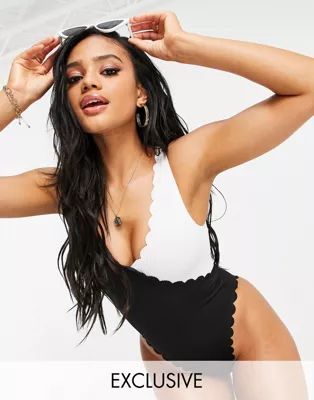 South Beach Exclusive textured scallop swimsuit in monochrome | ASOS (Global)