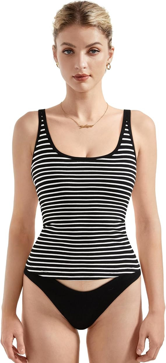 SUUKSESS Women Padded Cotton Ribbed Long Tank Tops 2025 Summer Going Out Basic Scoop Neck Cami To... | Amazon (US)