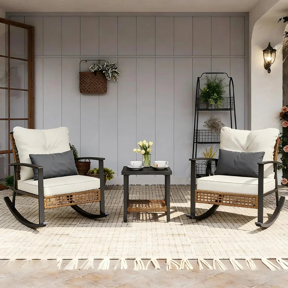 2 - Person Metal Patio Bistro Set With Lumber Pillow, Outdoor Rocking Wicker Conversation Set | Wayfair North America