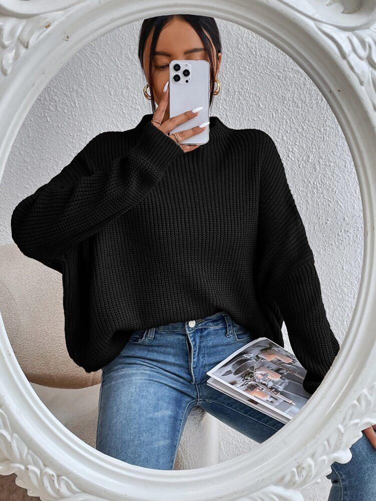 Mock Neck Ribbed Knit Batwing Sleeve Sweater | SHEIN