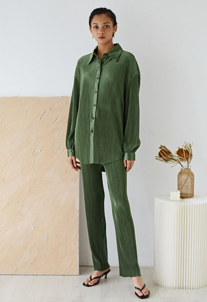 Full Pleated Plisse Shirt and Pants Set in Army Green | Chicwish
