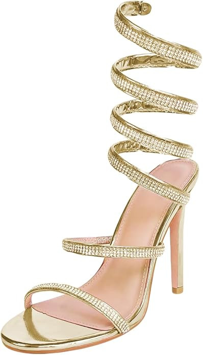 Baffoloo Womens's Rhinestone Sandals Sparkly Heels for Women Ankle Wrap Up Strappy Shoes | Amazon (US)