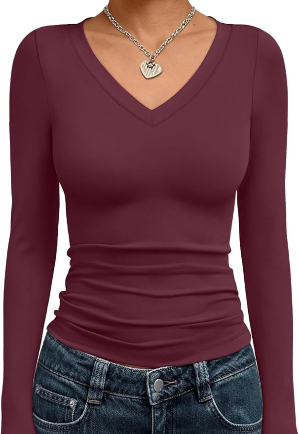 Trendy Queen Long Sleeve Shirts for Women 2026 Fall Fashion V Neck Basics Crop Tops Slim Fitted Y... | Amazon (US)