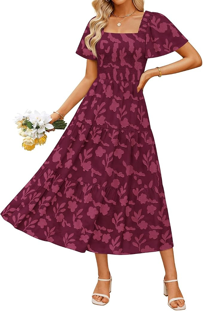 ZESICA Womens 2026 Summer Boho Wedding Guest Midi Dresses | Short Sleeve, Square Neck, Floral Flo... | Amazon (US)