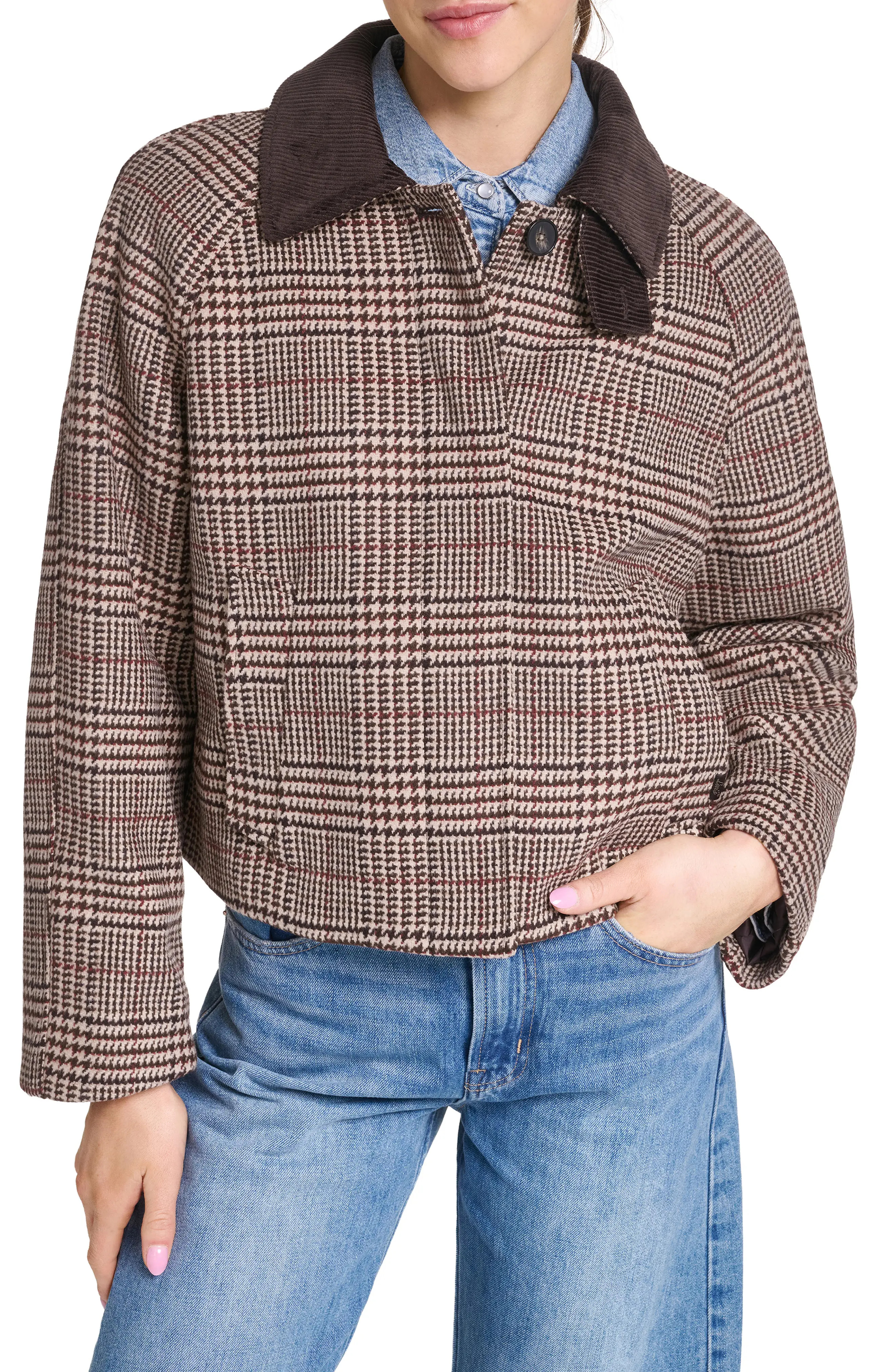 Corduroy Collar Houndstooth Plaid Short Mac Jacket (Women) | Nordstrom | Nordstrom
