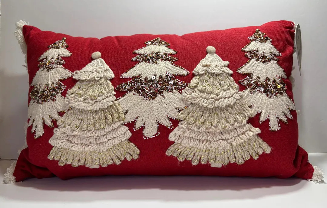 Embroidered Beaded Sequined Christmas Trees Rectangle 14x22 In Red Throw Decorative Pillow with R... | Etsy (US)