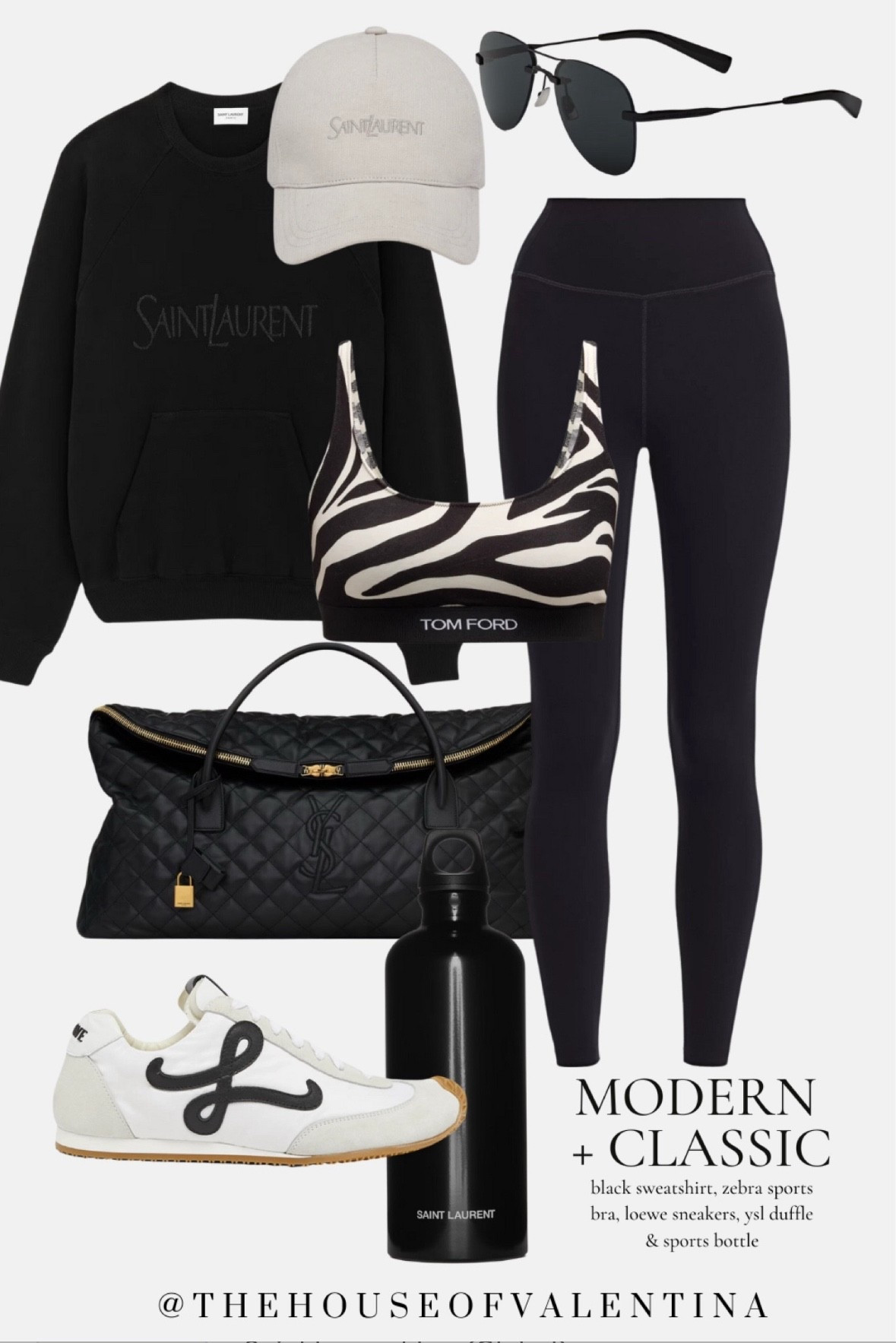 Modern classic outfit… black sweatshirt, zebra sports bra, loewe sneakers, ysl duffle & sports bottle

#LTKFitness #LTKStyleTip #LTKActive