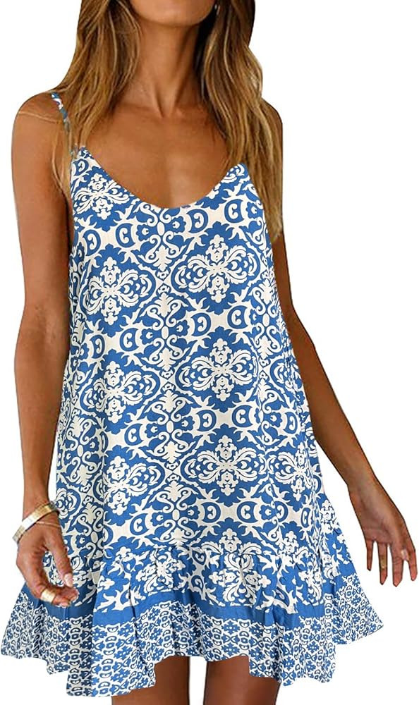 Qearal Womens Sundresses Boho Floral Printed Dress Summer Sleeveless Beach Mini Dress with Pocket... | Amazon (US)