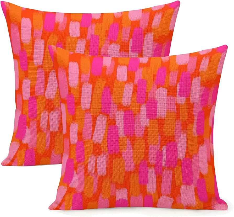 Set of 2 Abstract Retro 70s Pink Orange Paint Brush Throw Pillow Covers 16"X16" Aesthetic Throw P... | Amazon (US)