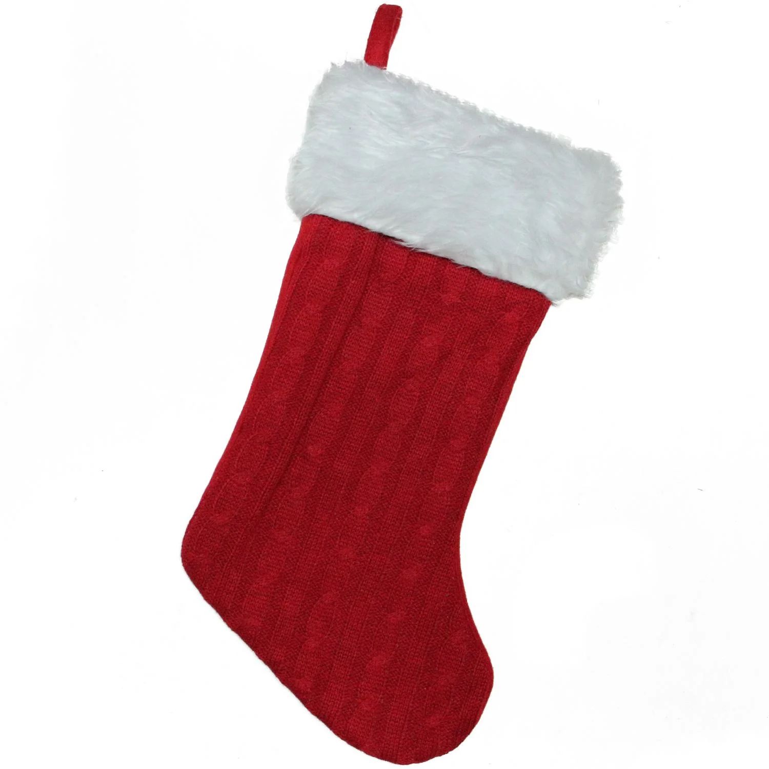 20" Red and White Cable Knit and Faux Fur Cuff Decorative Christmas Stocking - Walmart.com | Walmart (US)