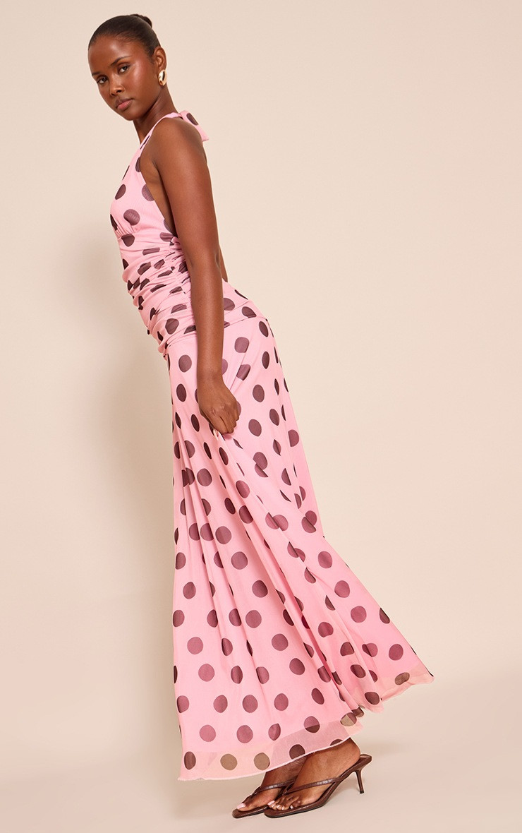 Pink Polka Dot Chiffon Halterneck Maxi Dress | Dresses | PrettyLittleThing UK