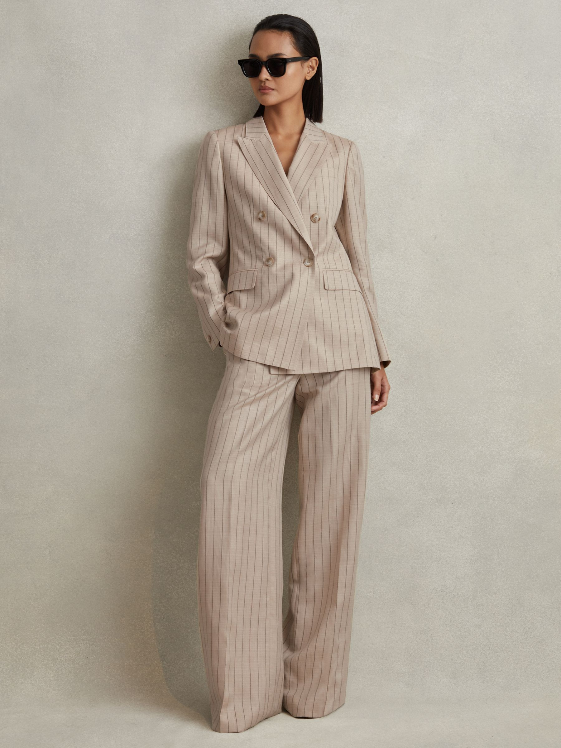 Reiss Wool Blend Striped Double Breasted Blazer in Neutral | REISS | Reiss US