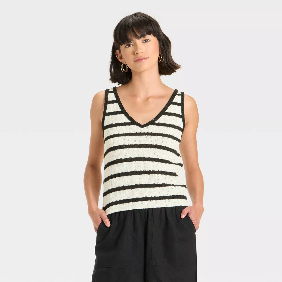 Women's Knit Openwork Tank Top - Universal Thread™ Black/White Striped S | Target