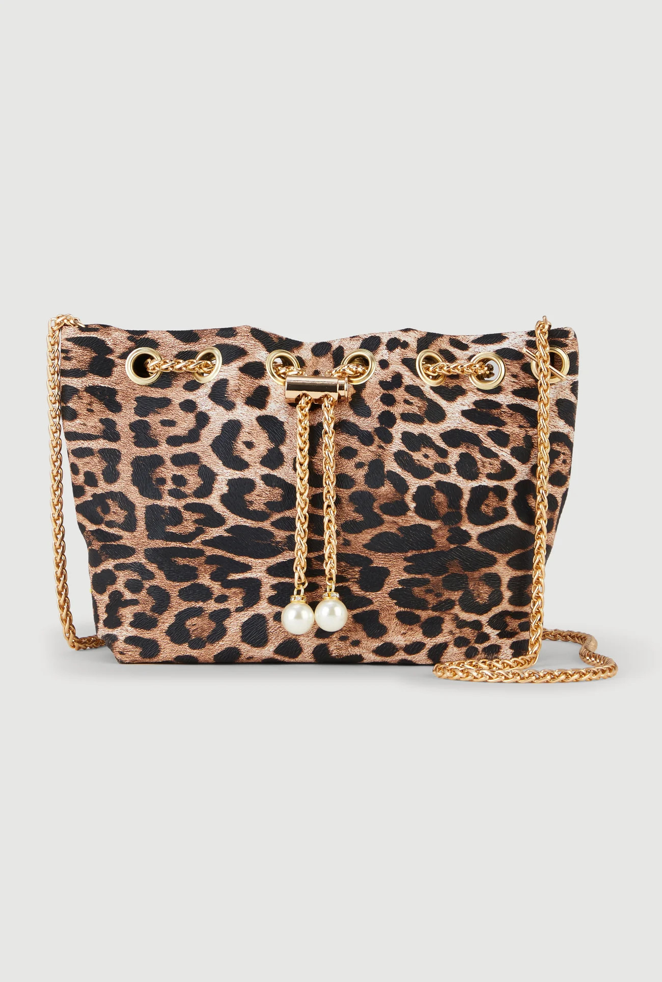 Leopard Print Faux Pearl Chain Toggle Drawstring Bag | Rainbow Shops