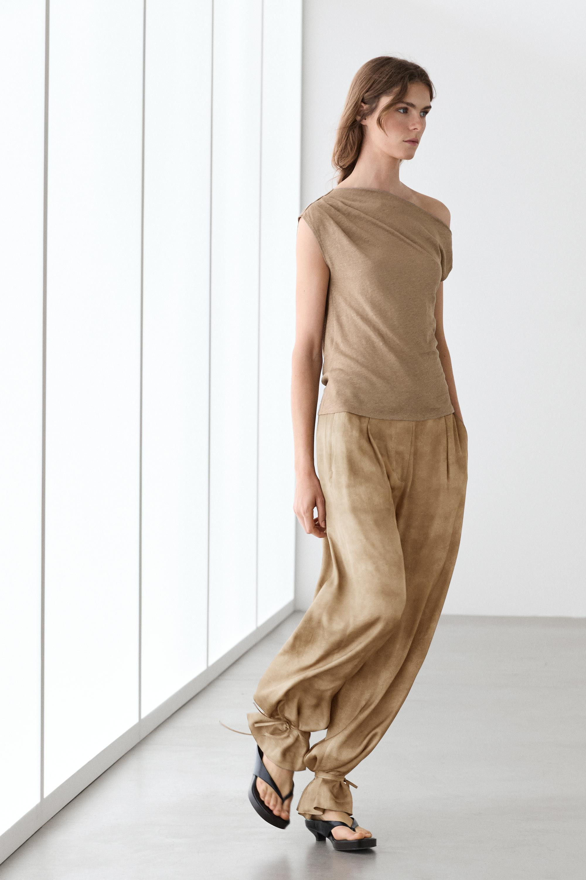 Asymmetric linen blend top with draped detail | Zara AU