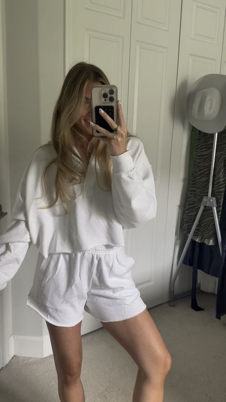 Aerie cropped open neck hoodie. Aerie high waisted on my way shorts. White matching set. #aerie #aeriehaul #springfashion #springstyle #summerstyle #summerfashion #tryonhaul #tryon #tryonwithme #trendyoutfits #trendyclothes #styleinspo #trending #currentfashiontrend #fashiontrends #2024trends #aerienewarrivals 

#LTKsalealert #LTKfindsunder50 #LTKVideo
