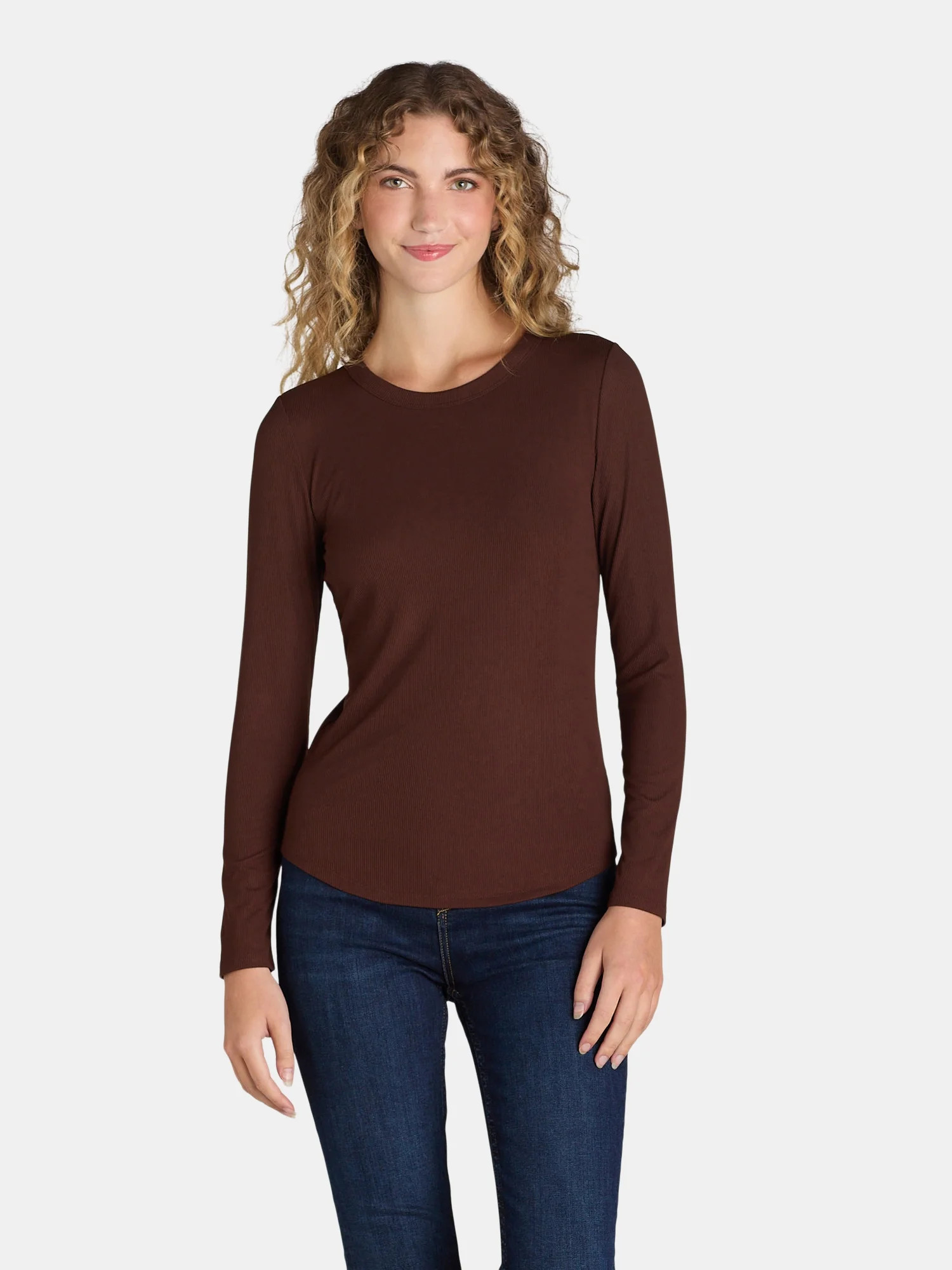 No Boundaries Ribbed Crewneck Tee with Long Sleeves, Women's | Walmart (US)