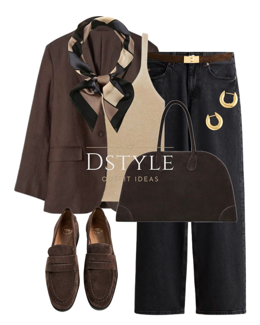 Dark brown linen blazer, gold lurex knitted top, brown suede belt, dark denim grey wide high jeans, dark brown suede bag, brown suede loafers 

 #LTKWorkwear #LTKShoeCrush #LTKItBag