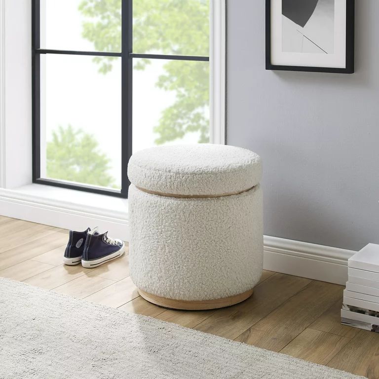 Linon Primrose Storage Accent Stool Ottoman, 18" Seat Height, Natural Wood Finish with Sherpa Fab... | Walmart (US)