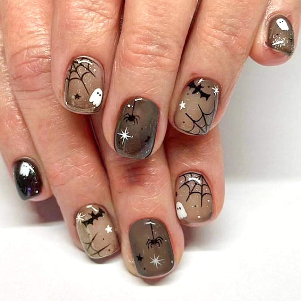 Halloween Press on Nails Short Square Fake Nails Press ons Brown Full Cover Glue on Nails Spider ... | Amazon (US)