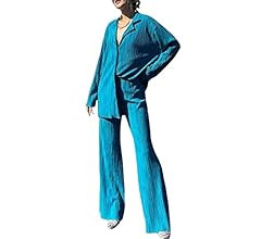 Yassiglia Set da donna plissettato casual con bottoni, 2 pezzi, pantaloni da salotto a gamba larg... | Amazon (IT)