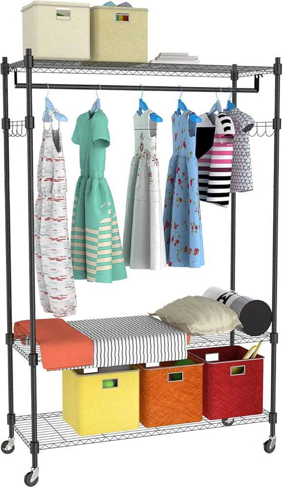 Heavy Duty Rolling Garment Rack 3-Tiers Wire Shelving W/Hanger Bar & Lockable Wheels & 1 Pair Sid... | Amazon (US)