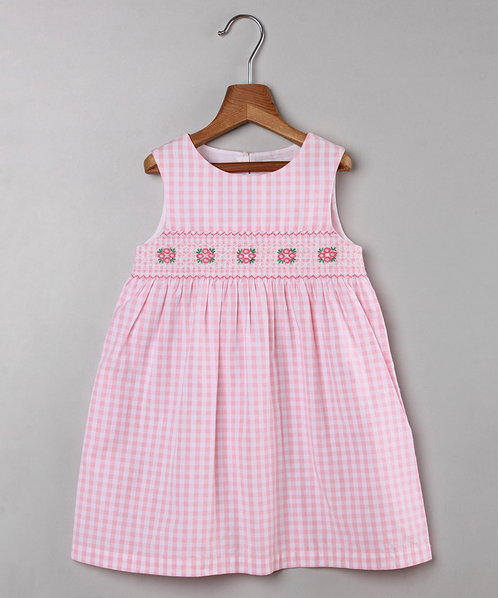 Beebay Girls' Casual Dresses Pink - Pink Gingham Floral Embroidered Smocked A-Line Dress - Toddler & | Zulily