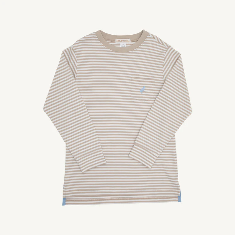 Long Sleeve Carter Crewneck - Keeneland Khaki Stripe with Barrington B | The Beaufort Bonnet Company