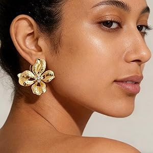 D-POW Gold Statement Earrings 14K Gold Plated Flower Stud Earrings for Women Hypoallergenic Chunk... | Amazon (US)
