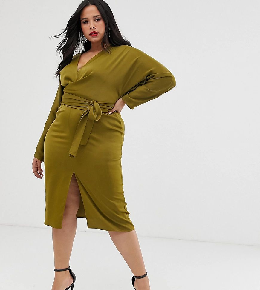 ASOS DESIGN Curve midi dress with batwing sleeve and wrap waist in satin-Green | ASOS (Global)