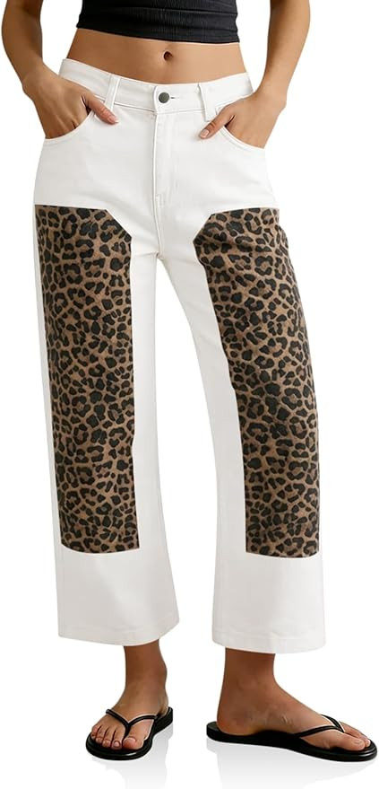 Tankaneo Womens Cropped Jeans Polka Dot Casual High Waisted Patchwork Straight Leg Denim Pants wi... | Amazon (US)