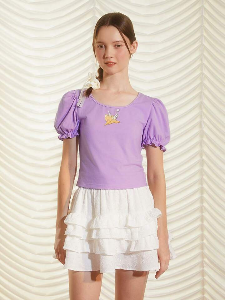 CARDCAPTOR SAKURA | SHEIN Summer Women Cartoon Printed Slim Fit Bubble Sleeve Cute Teen Purple T-... | SHEIN