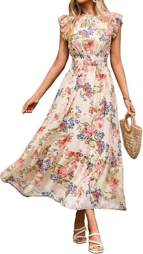 BerryGo Womens Floral Wedding Guest Dress Summer Casual Short Sleeve Long Beach Vacation Flowy A ... | Amazon (US)